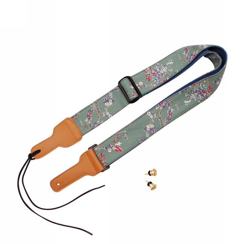 MUSIC FIRST Original Design, 2 inch width (5cm), Vintage Style â€œPlum Flowersâ€ Canvas & Genuine Leather Floral Guitar Strap Electric Guitar straps - Image 2